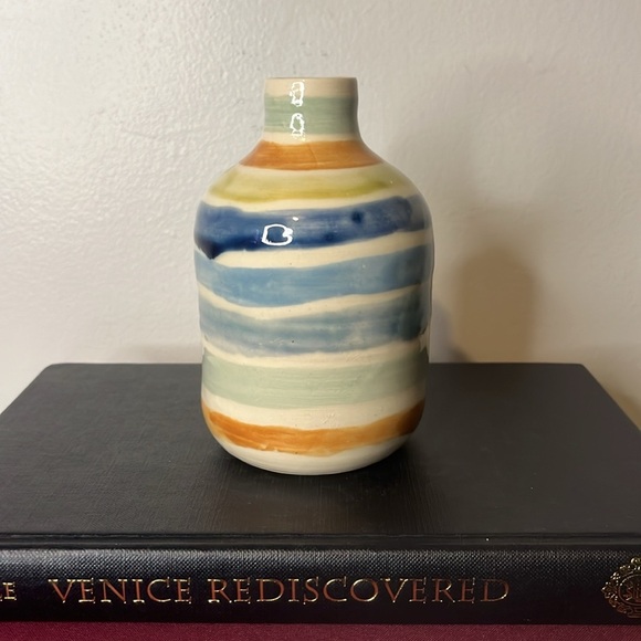 Handmade Other - Studio Art Pottery Handmade Watercolor Striped Stout Bud Vase Peace Sign Stamp